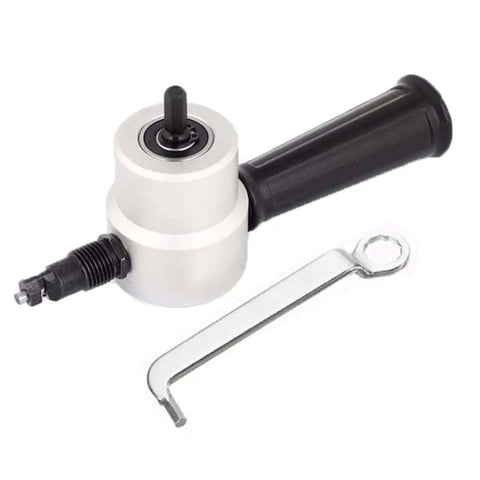 Double Headed Metal Nibbler Cutter For Drill With 360 Degree Adjustable Heads and wrench attachment, side view