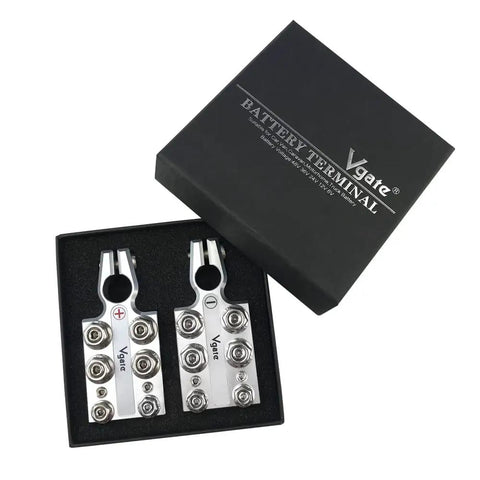 Heavy Duty 20-Way Lead Acid Battery Post Terminal Ends Distribution Block Bus Bar for Tapered Top SAE DIN EN Posts, Accepts 8 AWG Up to 4/0 XL Wire Gauge, Multi Size Connectors, Ideal for AGM Gel Wet MF Batteries and Pro Grade Car Electrical Upgrades. silver battery terminal block set in box