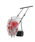 Side view of Hand Push Garden Seeder With Roller Seed Planter And Fertilizer Applicator showing spikes and handle