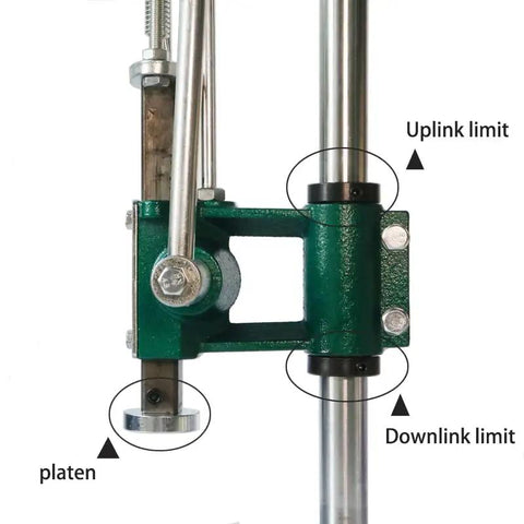 Close-up of the Handheld Leather Hole Punch and Stamping Press mechanism with uplink and downlink limits, featuring the platen.