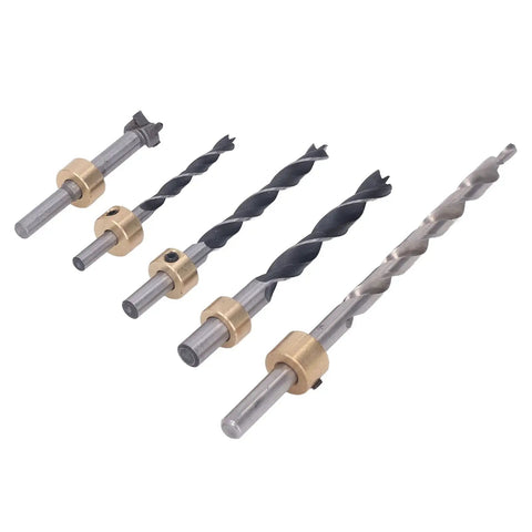 Top Notch 5 Piece Pocket Hole Drill Bit Set Made From High Speed Steel With Adjustable Depth And Three Knife Points For Super Clean Woodworking Holes In Just About Any Project You Got Going On. five drill bits with brass depth collars