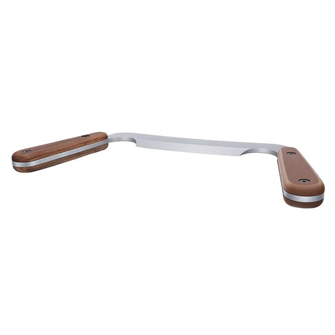 4 Inch HSS Drawknife With Twin Hickory Handles For Stripping Stubborn Bark Fast A Heavy Wood Shaping Tool, side view showing blade and handles.