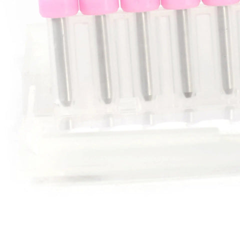 Close-up of 10 Piece Tungsten Carbide Drill Bit Set 0.1mm Precision for Electronics Prototyping in plastic case, pink tops visible.