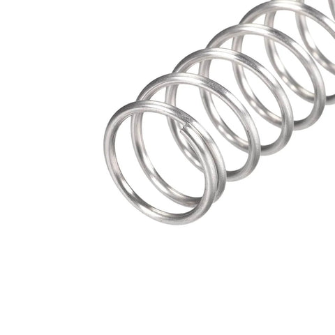 Close-up of Heavy Duty Compression Spring Set in 304 Stainless Steel with 18mm outer diameter, 1.6mm wire, silver tone, pack of 5.