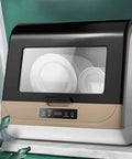 Plug And Play Compact Countertop Dishwasher With Dual Intelligent Drying Portable Kitchen Cleaner For Apartments No Plumbing Required Touch Screen Controls with clean dishes inside.