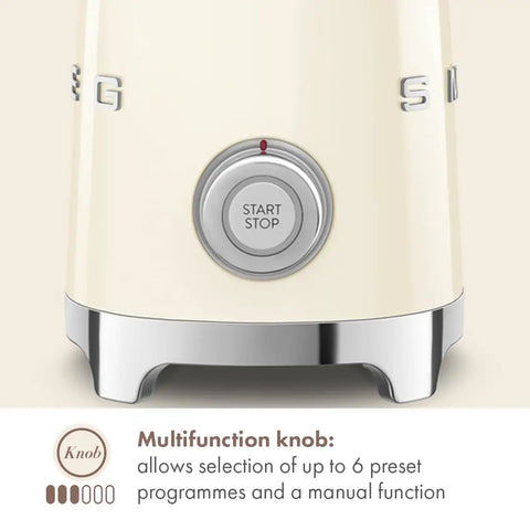 Close-up of Retro 50s Style Milk Frother with Induction Heating and Removable Jug, showing multifunction knob with 6 presets.