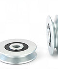 1/8 Inch Cord Small Wire Rope Pulley Block With Silent Bearing For Lifting, 23mm Wheel, 260 Lb Load, Wire Rope Guide Wheel, L Bracket, Electrogalvanized Carbon Steel Construction, side and front view