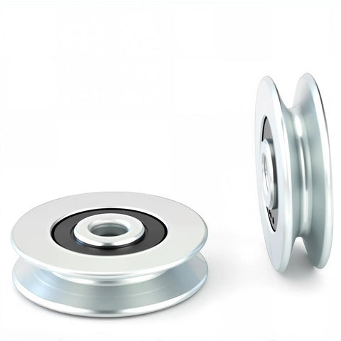 1/8 Inch Cord Small Wire Rope Pulley Block With Silent Bearing For Lifting, 23mm Wheel, 260 Lb Load, Wire Rope Guide Wheel, L Bracket, Electrogalvanized Carbon Steel Construction, side and front view