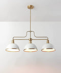 Three Light Linear Chandelier In Matte White With Brass Accents, adjustable hanging height, sloped ceiling compatible