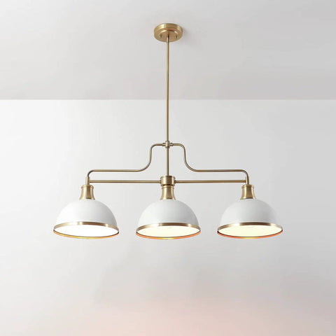Three Light Linear Chandelier In Matte White With Brass Accents, adjustable hanging height, sloped ceiling compatible