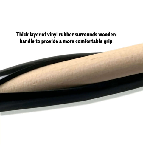 Close-up of Handmade Paper Bead Roller with wooden handle surrounded by vinyl rubber for grip, used in quilling and bead crafting.