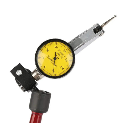 Adjustable Magnetic Gauge Stand Base Holder With Flexible Arm and Lever Dial Test Indicator Gauge for Precise Measurements, Easy On Desk Positioning, Quick Magnetic Clamp, Secure Base Keeps Gauges Aligned During Setup, yellow dial face