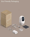 2K Indoor WiFi Baby And Pet Camera With 360 Degree Pan And Tilt AI Motion Tracking Crystal Clear Night Vision shown with box and accessories
