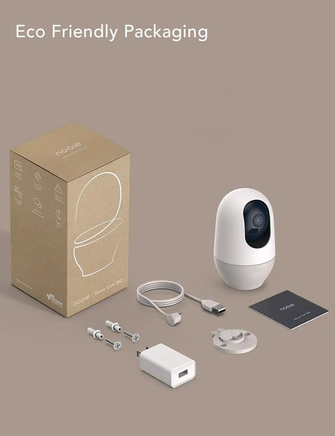 2K Indoor WiFi Baby And Pet Camera With 360 Degree Pan And Tilt AI Motion Tracking Crystal Clear Night Vision shown with box and accessories