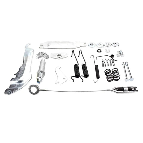Top Shelf Left Side Forklift Brake Shoe And Complete System Overhaul Kit For Pallet Jacks And Lift Trucks, detailed brake components layout.