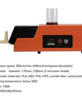 Plug and play 3D printer filament extruder recycler featuring adjustable speeds for PLA ABS PVA HIPS in orange.