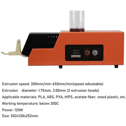 Plug and play 3D printer filament extruder recycler featuring adjustable speeds for PLA ABS PVA HIPS in orange.