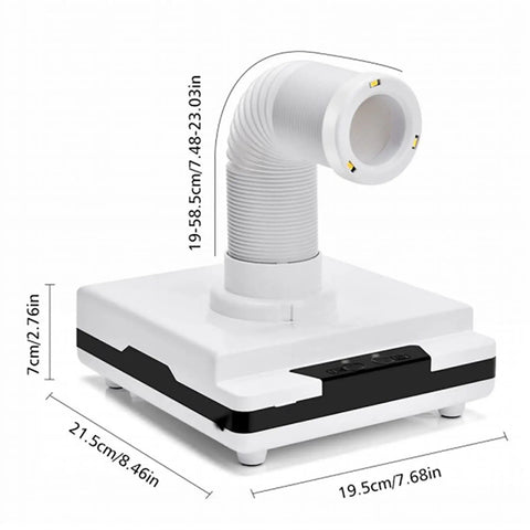 Slick 60W Desktop Dust Collector With Retractable Straw And Bright LED Light For Wood Carving Metal Sanding And Workbench Cleanup Compact Portable Shop Vacuum Extractor with flexible hose and dimensions shown.