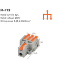Quick Connect Mini Wire Splitter For Home Projects: Fast Push-In Terminals Splice Solid Stranded Copper Easily With Flame Retardant Housing And Tin Plated Contacts Perfect For Lights. M-F13 32A gray 3-port connector with orange levers and size markings