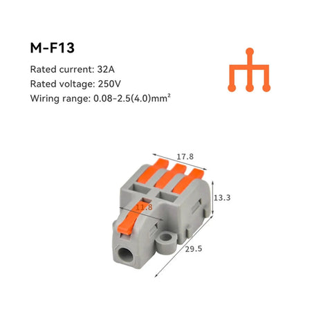 Quick Connect Mini Wire Splitter For Home Projects: Fast Push-In Terminals Splice Solid Stranded Copper Easily With Flame Retardant Housing And Tin Plated Contacts Perfect For Lights. M-F13 32A gray 3-port connector with orange levers and size markings