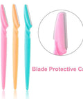 24 Pack Eyebrow Razors With Precision Covers For Safe Facial Hair Removal And Neat Trimming Multipurpose Blades in pink, yellow, aqua.