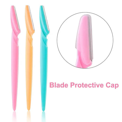 24 Pack Eyebrow Razors With Precision Covers For Safe Facial Hair Removal And Neat Trimming Multipurpose Blades in pink, yellow, aqua.