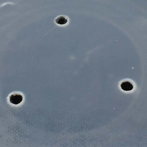Close-up of five inch adhesive back sanding pad for random orbit sander attachments with three vent holes.