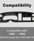 PIT66 dashboard bezel cover; front view for Dodge Ram 1998–2002, black plastic with vent openings