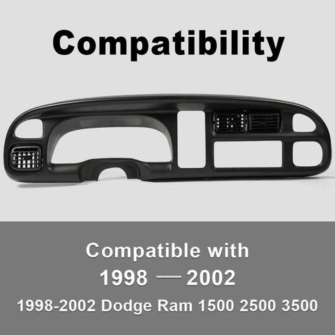 PIT66 dashboard bezel cover; front view for Dodge Ram 1998–2002, black plastic with vent openings