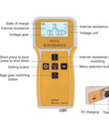RC3563 Battery Internal Resistance And Voltage Tester For Four Wire AC Lithium Cells, 3 Digit Meter With Large Display, True Four Wire Measurement, Quick Readout, Built In 1000mAh Battery, Portable Battery Detector front view with LCD, buttons, 5V charging port and test port