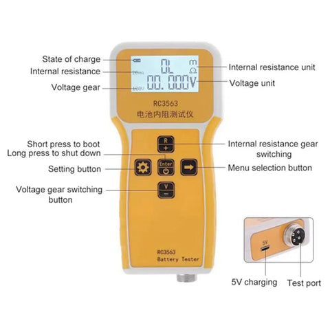 RC3563 Battery Internal Resistance And Voltage Tester For Four Wire AC Lithium Cells, 3 Digit Meter With Large Display, True Four Wire Measurement, Quick Readout, Built In 1000mAh Battery, Portable Battery Detector front view with LCD, buttons, 5V charging port and test port