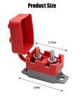 Heavy Duty Automatic Reset Circuit Breaker 10A Waterproof Stud Bolt For Trucks And Trailers with red cover opened and dimensions shown.