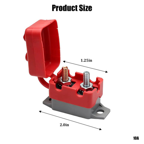 Heavy Duty Automatic Reset Circuit Breaker 10A Waterproof Stud Bolt For Trucks And Trailers with red cover opened and dimensions shown.