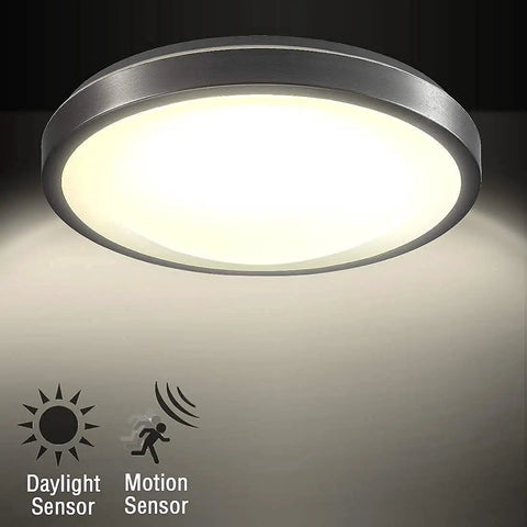 16 Inch LED Motion Sensor Ceiling Light With 23W 1200LM Daylight Sensor for indoor use, showing motion and daylight sensors.