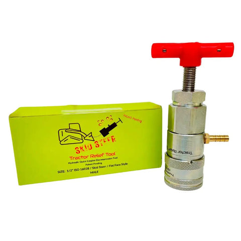 Half Inch ISO 16028 Flat Face Skid Steer Male Hydraulic Quick Coupler Pressure Decompression Relief Release Tool next to packaging