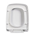 Heavy Duty Square Toilet Seat With Quiet Soft Close Hinges In Classic White features thick polypropylene shell, top view.