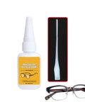 Glasses Repair Glue For Instant Bonding Of Eyeglass Frames With A Fine Tip Applicator, shown with eyeglasses and applicator.