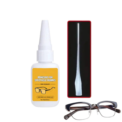 Glasses Repair Glue For Instant Bonding Of Eyeglass Frames With A Fine Tip Applicator, shown with eyeglasses and applicator.