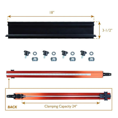 24 Inch Straight Edge Guide Clamp With Band Saw Fence For Realistic Precise Pro Grade Straight Cuts In Woodworking Projects Durable Adjustable Fence Clamp Keeps Your Workpiece Parallel To The Cut Line Every Time, showing disassembled parts and dimensions.