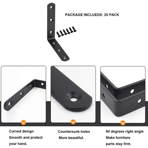 Workhorse Heavy Duty Matte Black L Brackets 20 Pack 3.1 By 3.1 Inch Right Angle Corner Supports with countersink holes for easy install.
