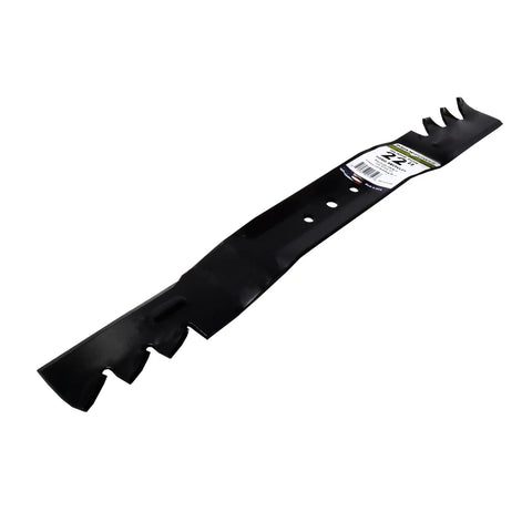 Beefy Mulching Mower Blade For 22 Inch Toro Recyclers, Pro Grade Replacement For 104-8697-03, 108-9764-04, 131-4547-03, 21 11/16 Inch Length, 2 1/4 Inch Width, 7/16 Inch Center Hole, Black, showing full length and cutting edge design
