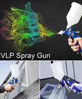 Hella Smooth Finish Guaranteed Dual Nozzle HVLP Gravity Feed Spray Gun Set With Locking Air Pressure Regulator Gauge in use with colorful paint.