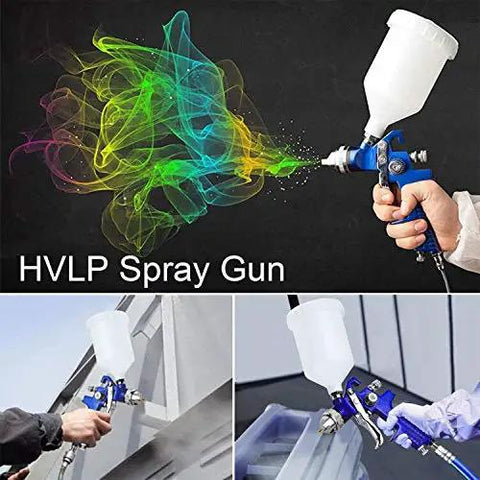 Hella Smooth Finish Guaranteed Dual Nozzle HVLP Gravity Feed Spray Gun Set With Locking Air Pressure Regulator Gauge in use with colorful paint.