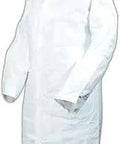 Tyvek Disposable Lab Coat For Adults, White Protective Work Coat With Snap Front, displayed hanging with open wrist cuffs