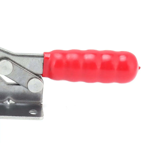 Close-up of red handle on Stainless Steel Toggle Clamp With 100Kg Holding Capacity for DIY Projects.