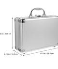 Tough As Nails Aluminum Storage Case With Secure Snap Latch And Plush Foam Padding For Guarding Cameras Cosmetic Kits And Power Tools On Weekend Getaways While Rolling Out, side view with dimensions.