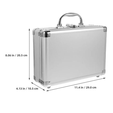 Tough As Nails Aluminum Storage Case With Secure Snap Latch And Plush Foam Padding For Guarding Cameras Cosmetic Kits And Power Tools On Weekend Getaways While Rolling Out, side view with dimensions.