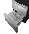 Open stainless steel drawer of Tough As Nails 24 Inch Dual Drawer Outdoor Freezer with modern design and ventilation.