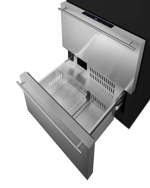 Open stainless steel drawer of Tough As Nails 24 Inch Dual Drawer Outdoor Freezer with modern design and ventilation.