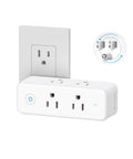 Real Deal Six Port Outlet Extender Surge Protector With Manual Switch And 360 Swivel Head, white power strip mounted on wall.